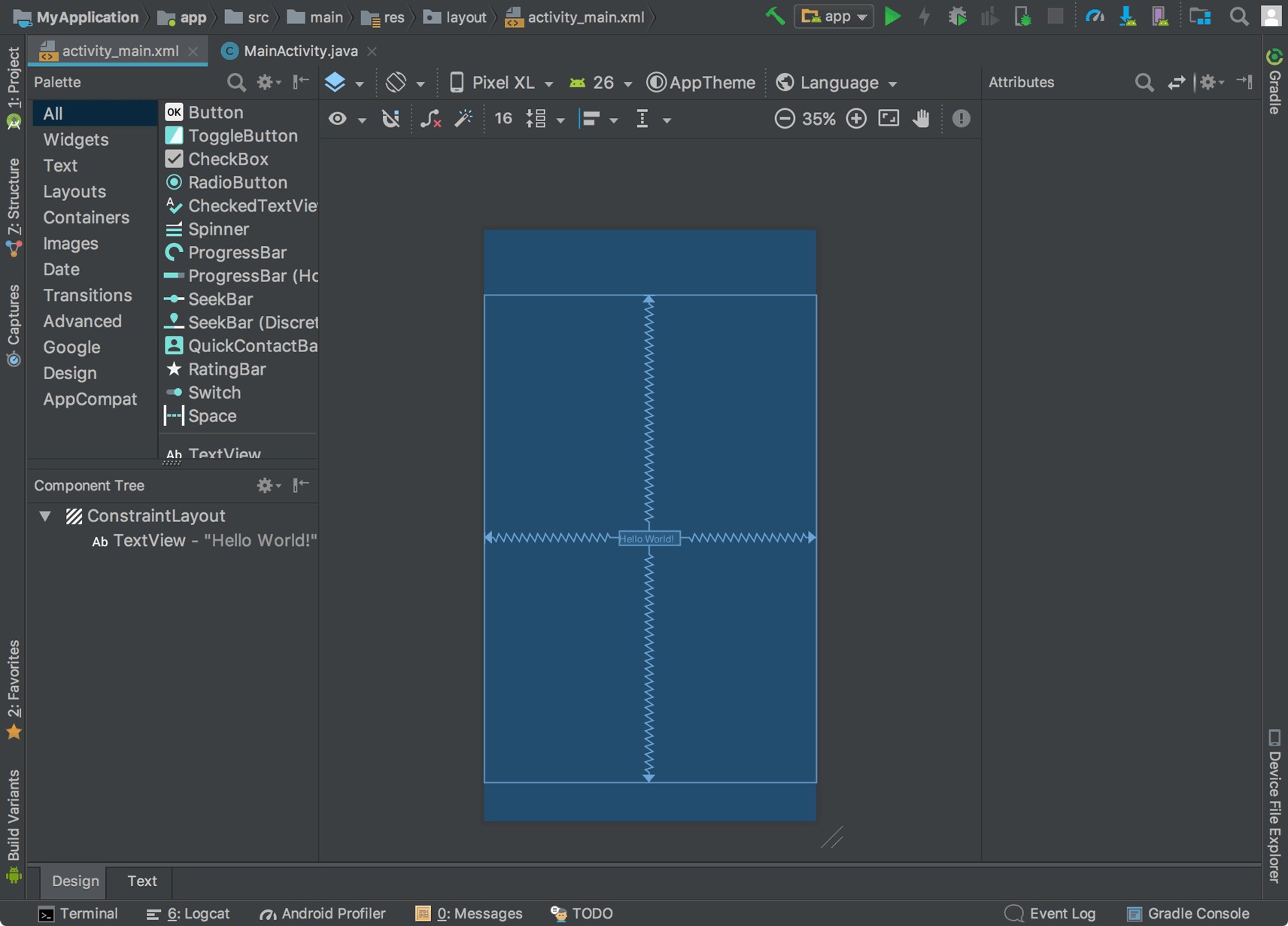 Figura 3. O Layout Editor mostrando o arquivo `activity_main.xml`